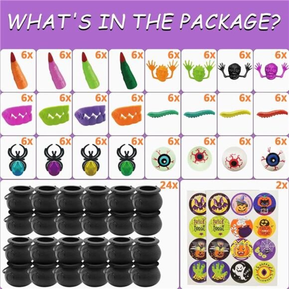 144-Piece Halloween Party Favors: 24-Pack Prefilled Plastic Witch Cauldrons - Picture 2 of 7